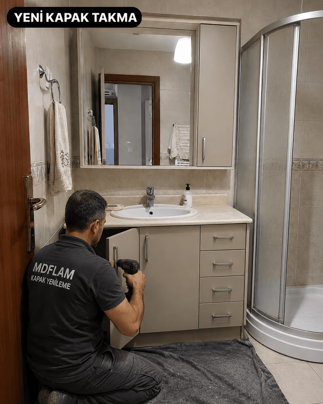 Mersin mobilya yenileme - banyo dolabi kapak takma asamasi