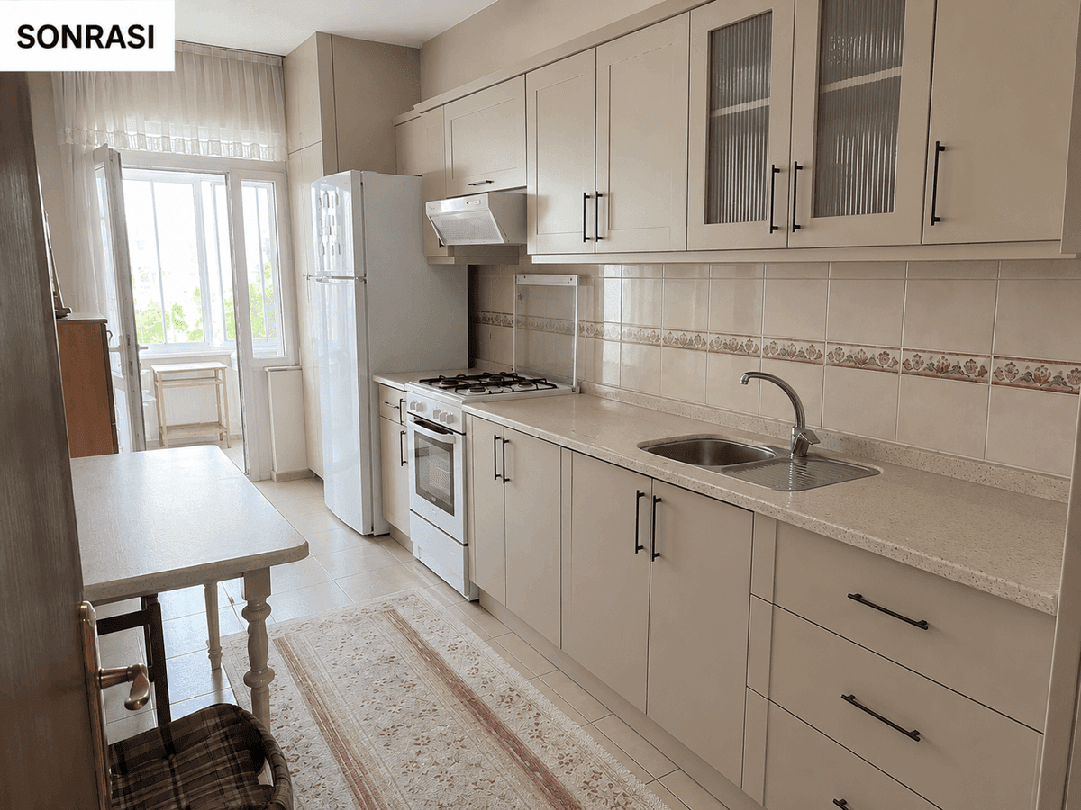 Mersin mutfak dolabı yenileme sonrası — açık renk modern kapaklar, ferah koridor mutfağı ve güncel görünüm